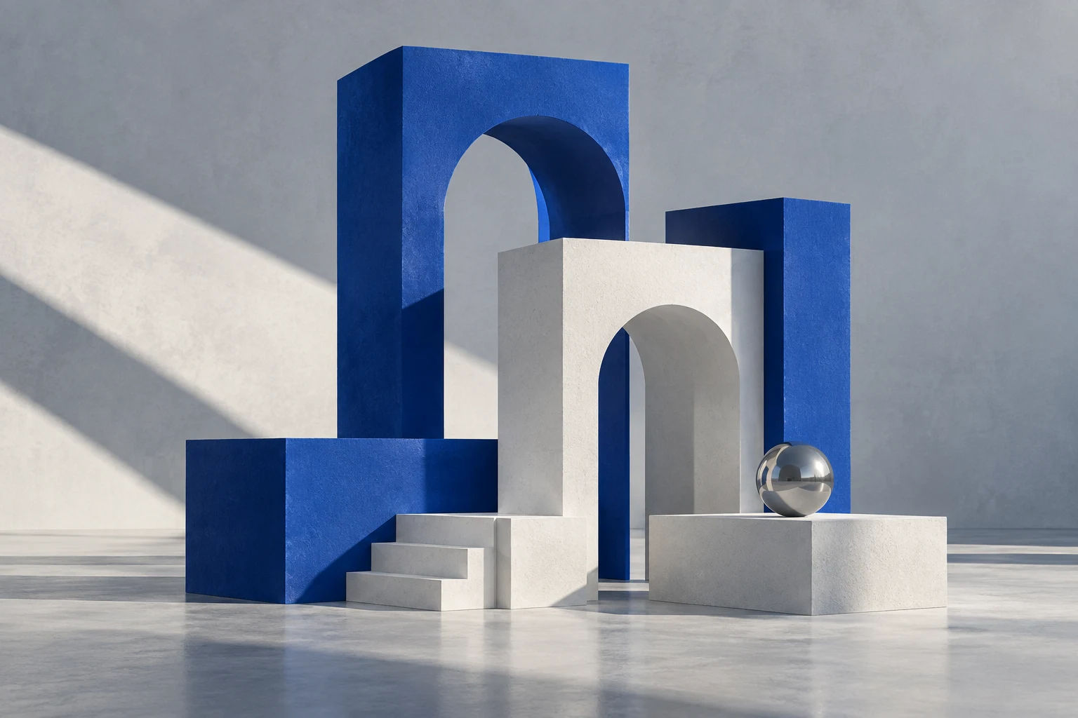 Cobalt and porcelain architectural forms assembled into a bold, balanced structure
